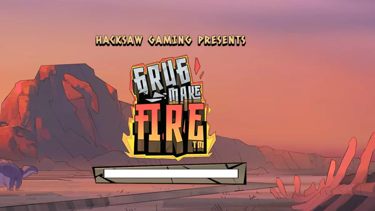 Grug, o homem das cavernas, em frente a um cenário de fogo e rochas pré-históricas no slot Grug Make Fire.